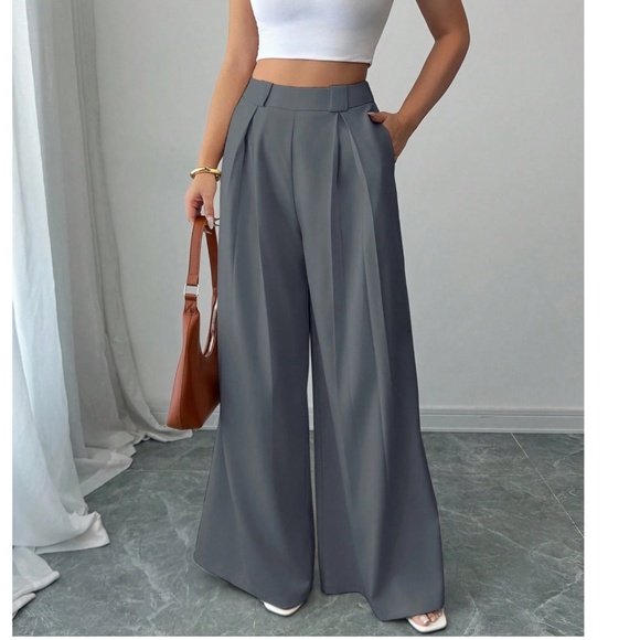 Classic Solid Stretchy Waist Pleated Pockets Wide leg Trouser Pants - Picture 2 of 12